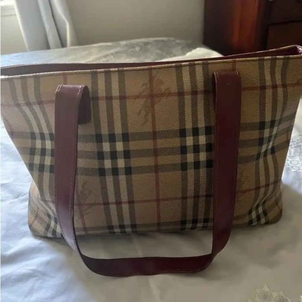 Burberry Beige Checkered Tote with Dark Brown Straps